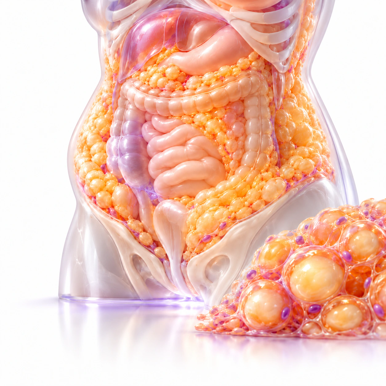 Conceptual 3D abdominal anatomy with a slightly fuller waist, amber fat tissue and an adipose-cell close-up.