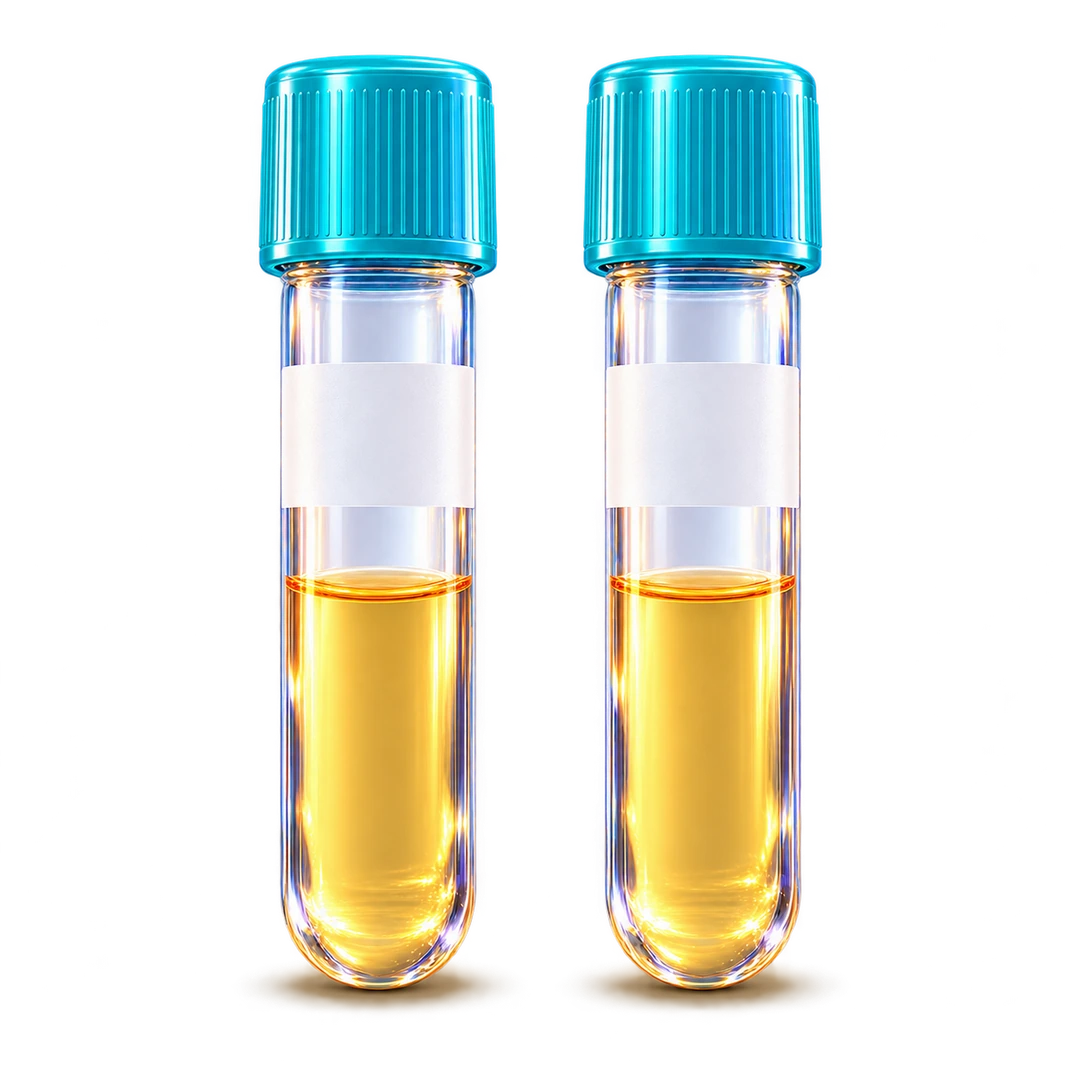 Conceptual paired plasma sample tubes representing baseline and the end of the four-month study. Equal liquid levels do not encode treatment results.
