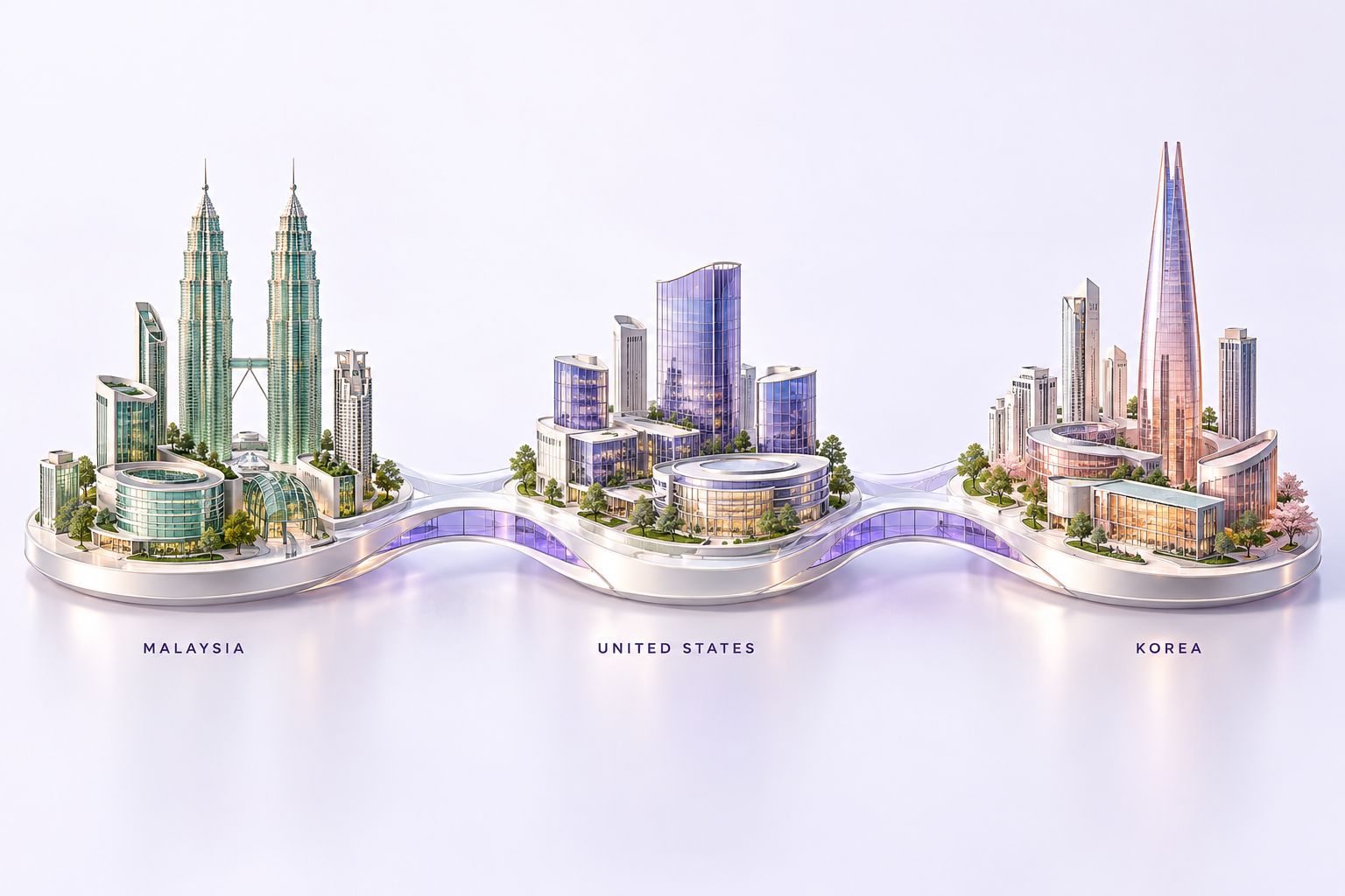 Illustrative cityscapes representing Malaysia, the United States and Korea, connected by one continuous architectural ribbon.