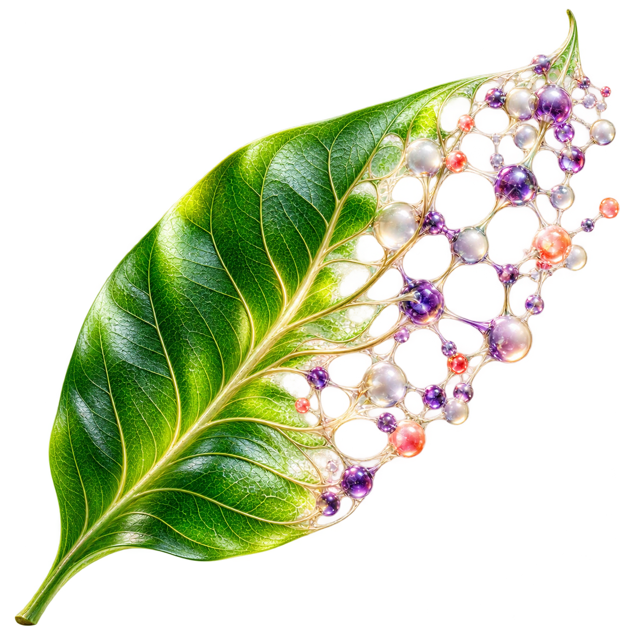 A green leaf opening into pearl and violet molecular architecture. Conceptual nature-to-medicine artwork.